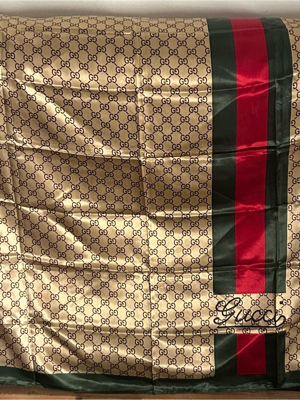 Gucci Beige Monogram Silk Scarf with Red and Green Stripes